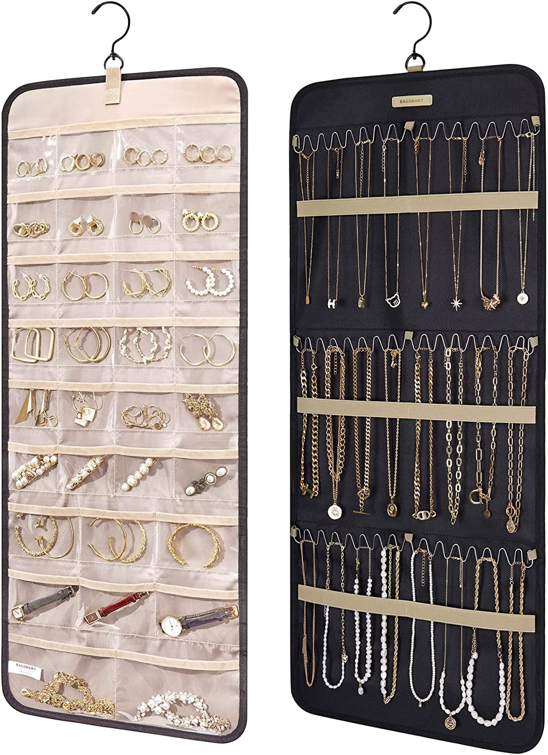 Hanging Jewelry Organizer Storage Roll with Hanger Metal Hooks Double-Sided Jewelry Holder for Earrings, Necklaces, Rings on Closet, Wall, Door, 1 Piece, Large, Black