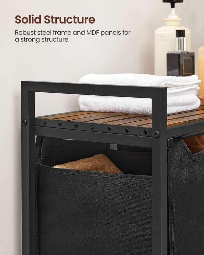 Laundry Hamper, Laundry Basket, Laundry Sorter with 3 Pull-Out and Removable Bags, Shelf, Metal Frame, 3 X 10 Gallons (38L), 36.4 X 13 X 28.4 Inches, Rustic Brown and Black UBLH301B01