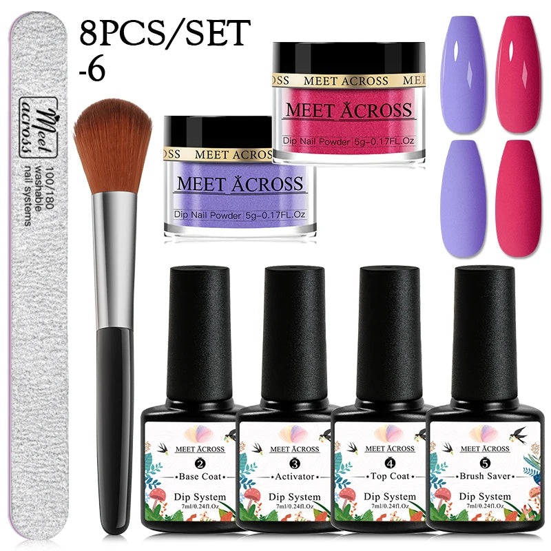 MEET ACROSS 5g Glitter Dipping Nail Powder Set Nude Pink Purple Dipping Nail System Kits No Need Lamp Saving Time DIY Nail Art