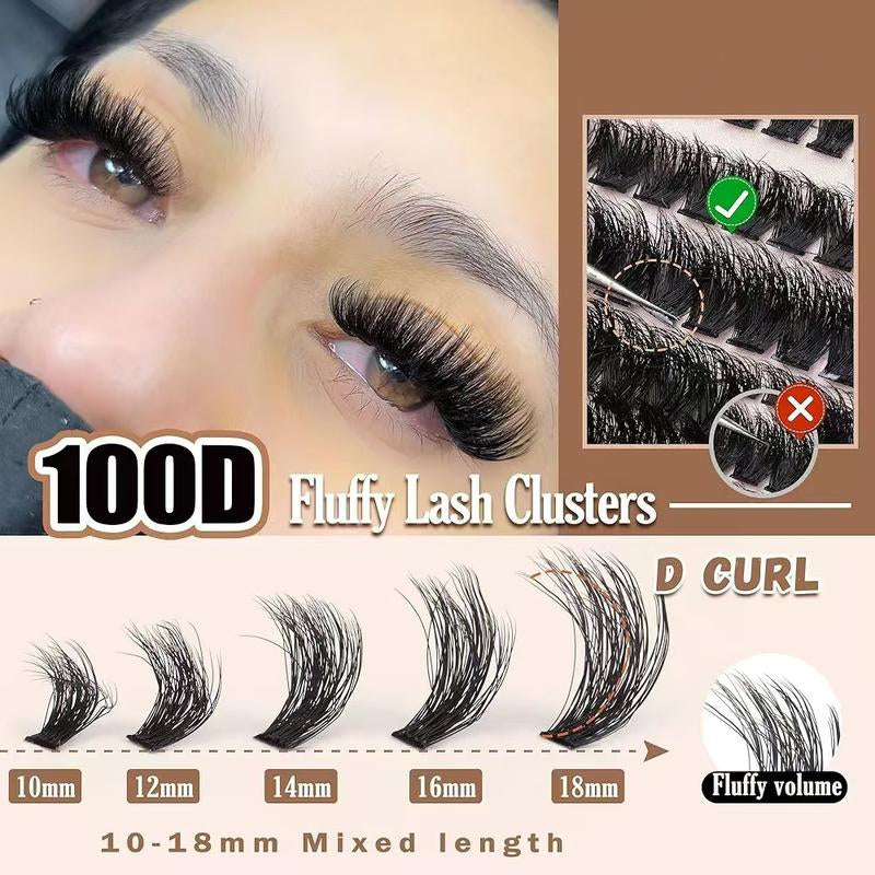 100D Volume Lash Cluster Kit - Natural Wispy Individual Eyelash Extensions (9-16mm) with DIY Application Tools, Lash Bond, and Seal