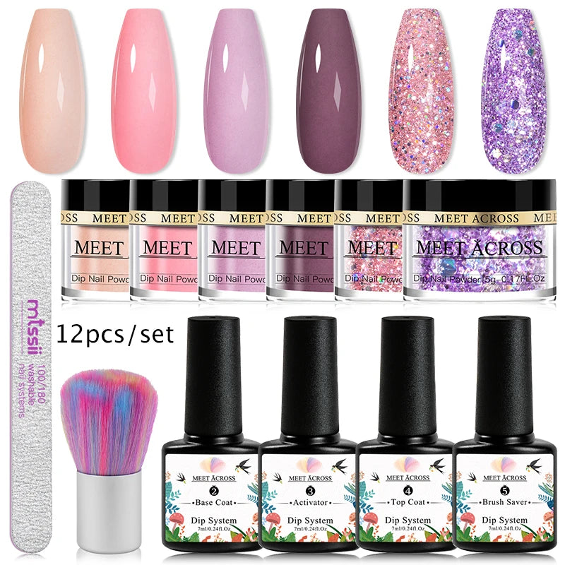 MEET ACROSS 5g Glitter Dipping Nail Powder Set Nude Pink Purple Dipping Nail System Kits No Need Lamp Saving Time DIY Nail Art