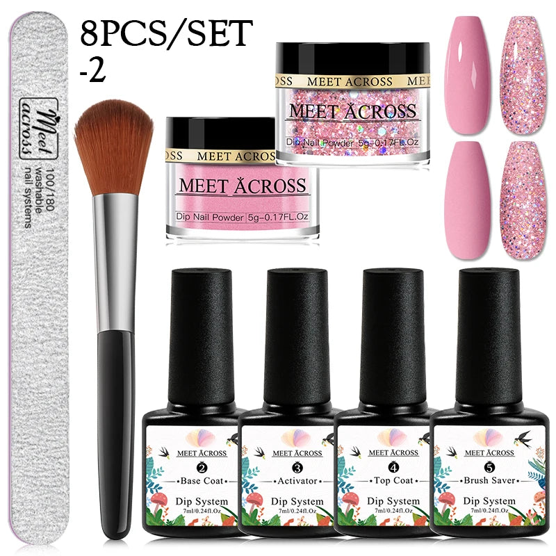 MEET ACROSS 5g Glitter Dipping Nail Powder Set Nude Pink Purple Dipping Nail System Kits No Need Lamp Saving Time DIY Nail Art