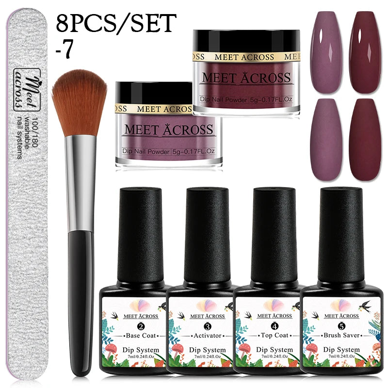 MEET ACROSS 5g Glitter Dipping Nail Powder Set Nude Pink Purple Dipping Nail System Kits No Need Lamp Saving Time DIY Nail Art