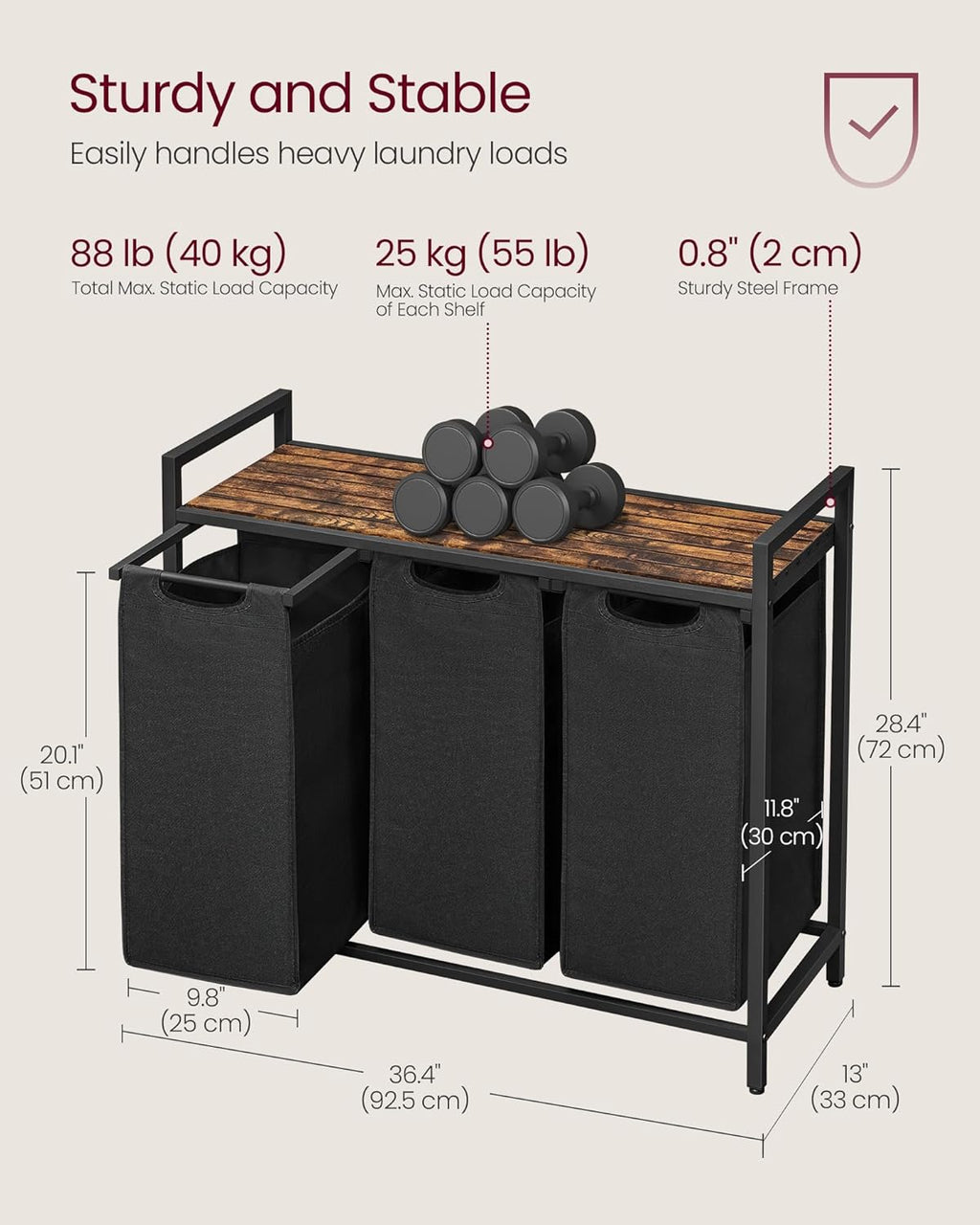 Laundry Hamper, Laundry Basket, Laundry Sorter with 3 Pull-Out and Removable Bags, Shelf, Metal Frame, 3 X 10 Gallons (38L), 36.4 X 13 X 28.4 Inches, Rustic Brown and Black UBLH301B01