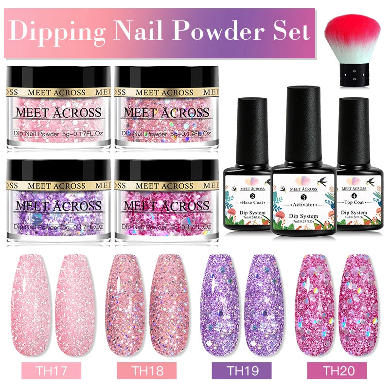 MEET ACROSS 5g Glitter Dipping Nail Powder Set Nude Pink Purple Dipping Nail System Kits No Need Lamp Saving Time DIY Nail Art