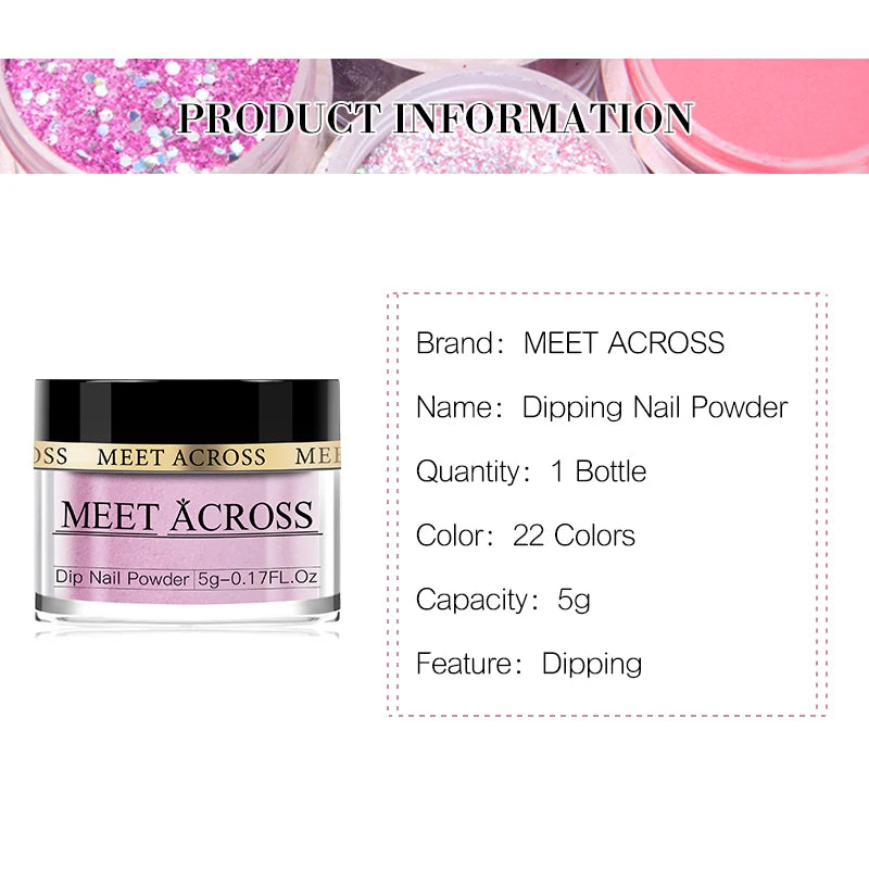 MEET ACROSS 5g Glitter Dipping Nail Powder Set Nude Pink Purple Dipping Nail System Kits No Need Lamp Saving Time DIY Nail Art