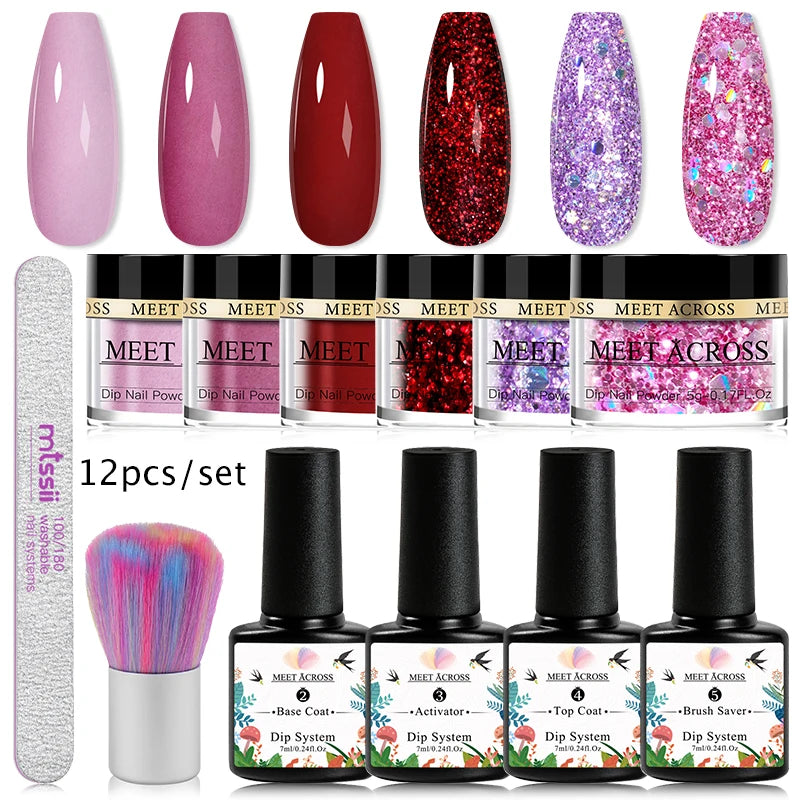 MEET ACROSS 5g Glitter Dipping Nail Powder Set Nude Pink Purple Dipping Nail System Kits No Need Lamp Saving Time DIY Nail Art