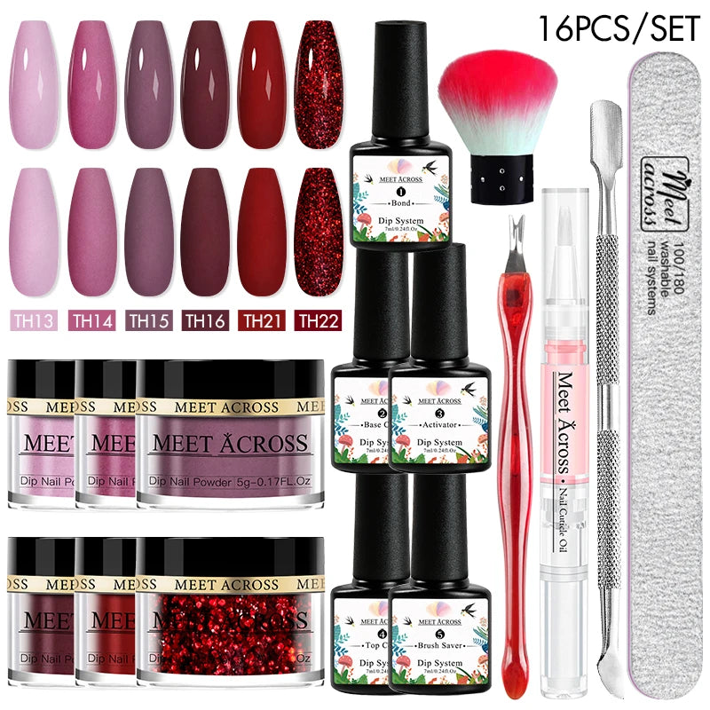 MEET ACROSS 5g Glitter Dipping Nail Powder Set Nude Pink Purple Dipping Nail System Kits No Need Lamp Saving Time DIY Nail Art