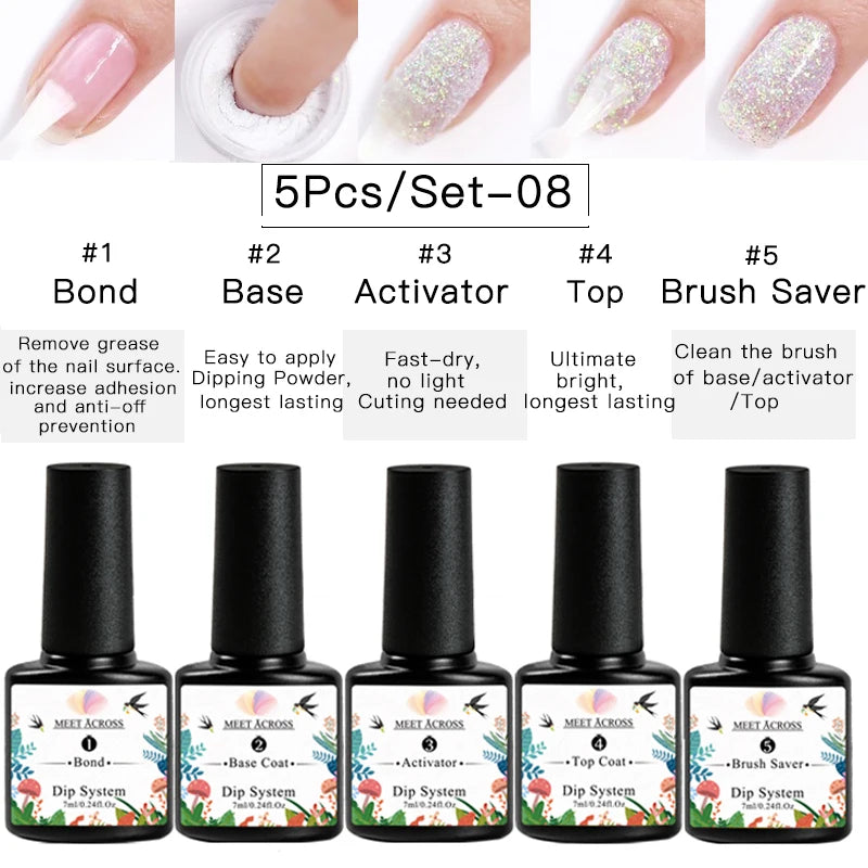 MEET ACROSS 5g Glitter Dipping Nail Powder Set Nude Pink Purple Dipping Nail System Kits No Need Lamp Saving Time DIY Nail Art