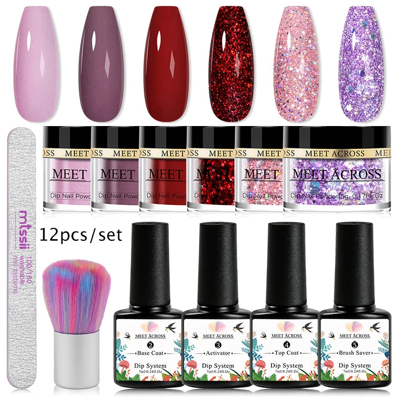 MEET ACROSS 5g Glitter Dipping Nail Powder Set Nude Pink Purple Dipping Nail System Kits No Need Lamp Saving Time DIY Nail Art