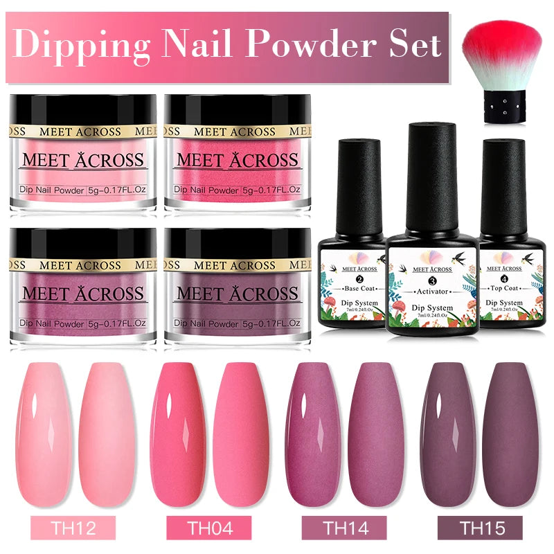 MEET ACROSS 5g Glitter Dipping Nail Powder Set Nude Pink Purple Dipping Nail System Kits No Need Lamp Saving Time DIY Nail Art