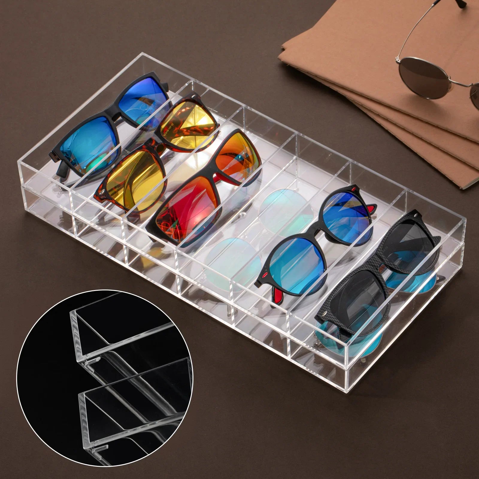 2 Pack Acrylic Sunglass Organizer, 6 Slot Eye Glasses Storage Holder Display Racks Stackable Eyewear Drawer Organizer Tray