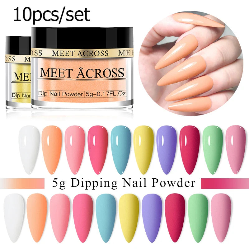 MEET ACROSS 5g Glitter Dipping Nail Powder Set Nude Pink Purple Dipping Nail System Kits No Need Lamp Saving Time DIY Nail Art