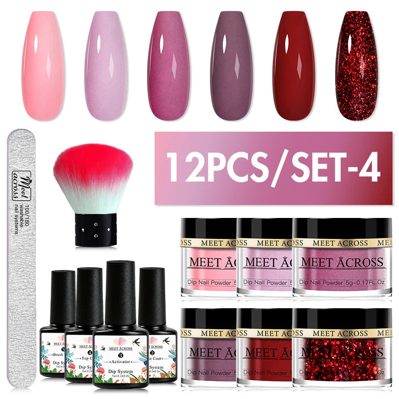 MEET ACROSS 5g Glitter Dipping Nail Powder Set Nude Pink Purple Dipping Nail System Kits No Need Lamp Saving Time DIY Nail Art
