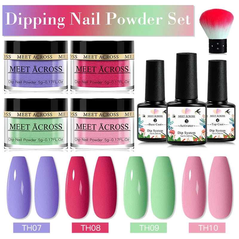 MEET ACROSS 5g Glitter Dipping Nail Powder Set Nude Pink Purple Dipping Nail System Kits No Need Lamp Saving Time DIY Nail Art