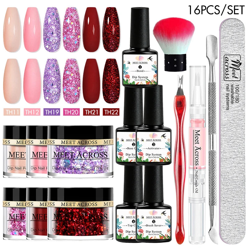 MEET ACROSS 5g Glitter Dipping Nail Powder Set Nude Pink Purple Dipping Nail System Kits No Need Lamp Saving Time DIY Nail Art