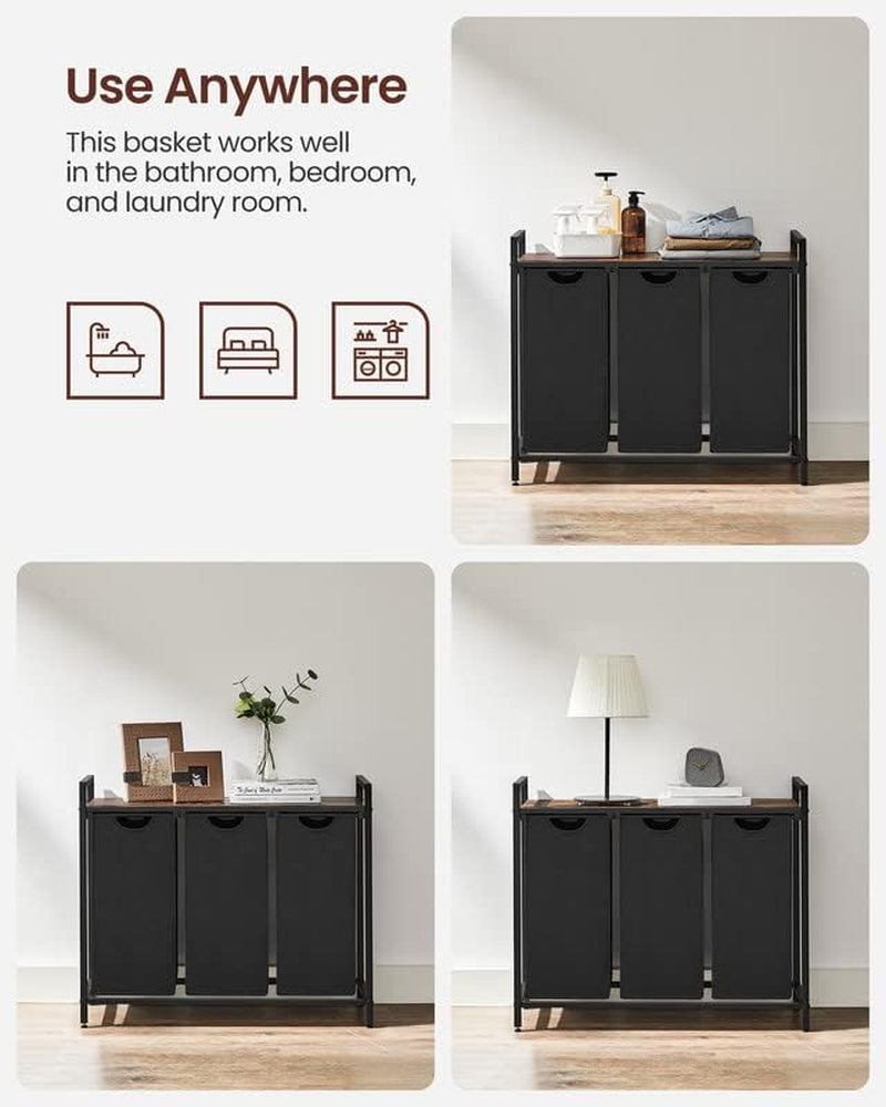 Laundry Hamper, Laundry Basket, Laundry Sorter with 3 Pull-Out and Removable Bags, Shelf, Metal Frame, 3 X 10 Gallons (38L), 36.4 X 13 X 28.4 Inches, Rustic Brown and Black UBLH301B01
