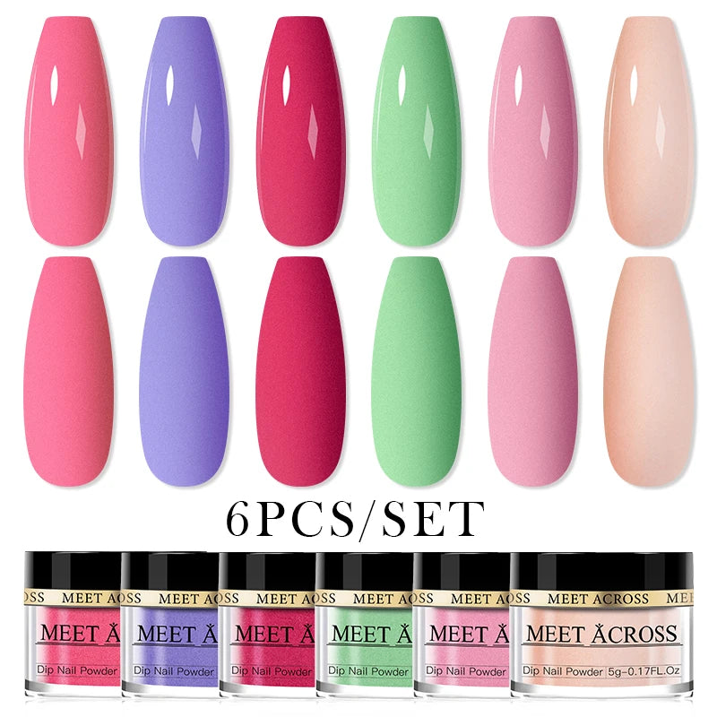 MEET ACROSS 5g Glitter Dipping Nail Powder Set Nude Pink Purple Dipping Nail System Kits No Need Lamp Saving Time DIY Nail Art