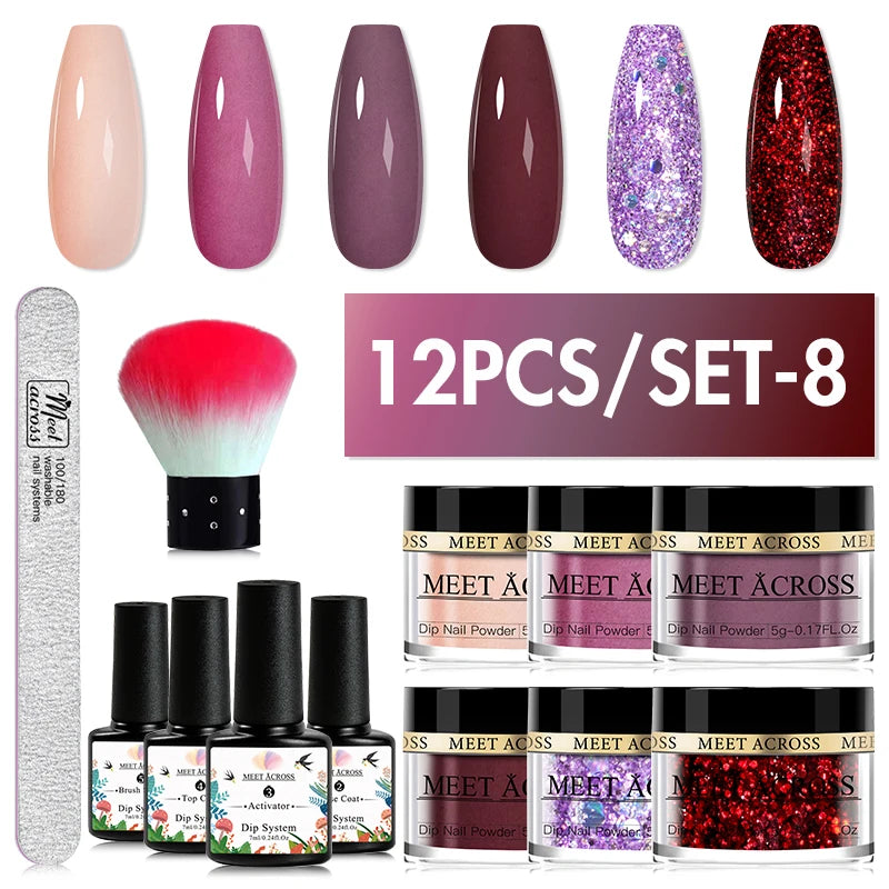 MEET ACROSS 5g Glitter Dipping Nail Powder Set Nude Pink Purple Dipping Nail System Kits No Need Lamp Saving Time DIY Nail Art